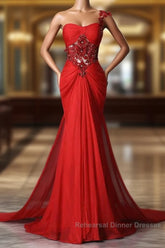Trumpet Mermaid One Shoulder Chiffon Appliques Lace Beading Red Long Semi Formal Prom Dress